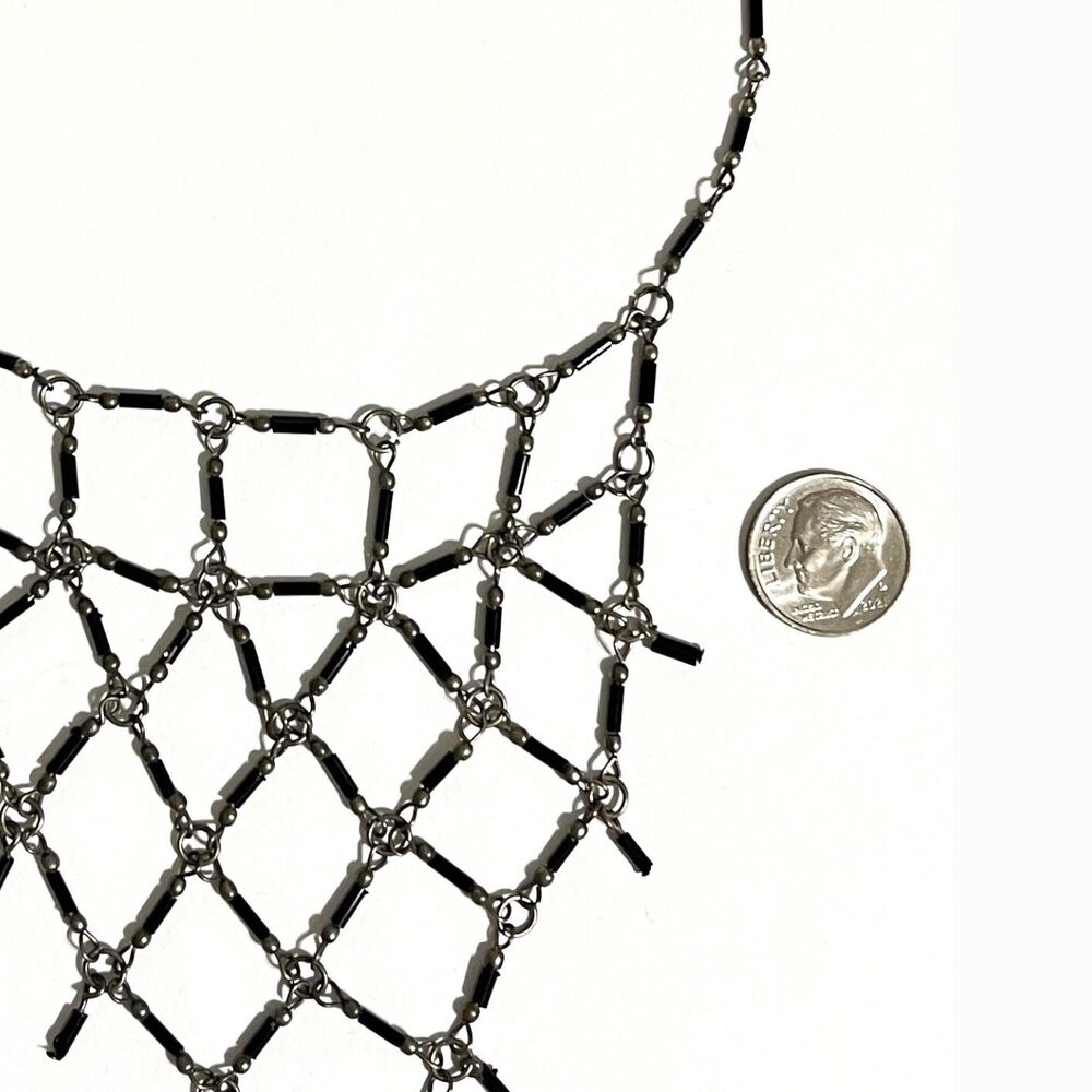 Vintage Bib Necklace Black Beaded Cage Lattice Mesh Boho Aged Delicate Unique - Picture 4 of 7